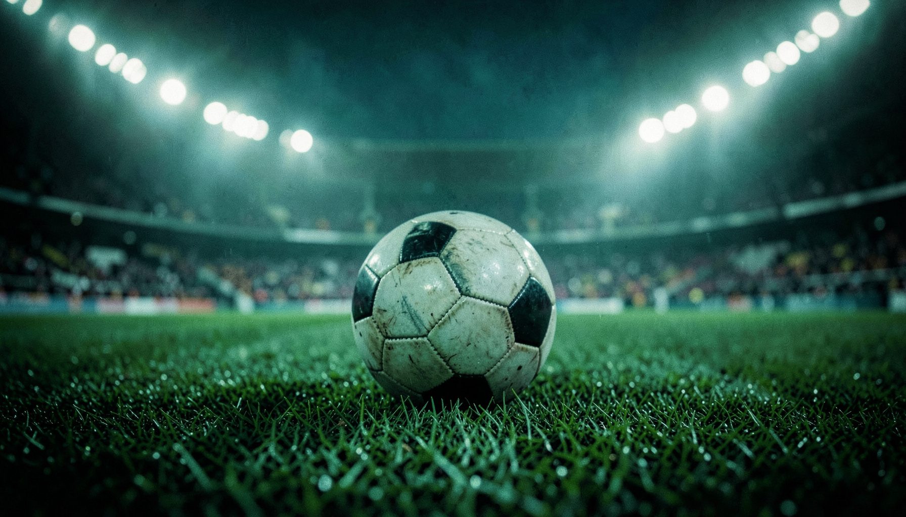 Yeşil çim sahada futbol topu, stadyum ışıkları altında dramatik bir atmosfer, sıcak yeşil ve lacivert tonlar