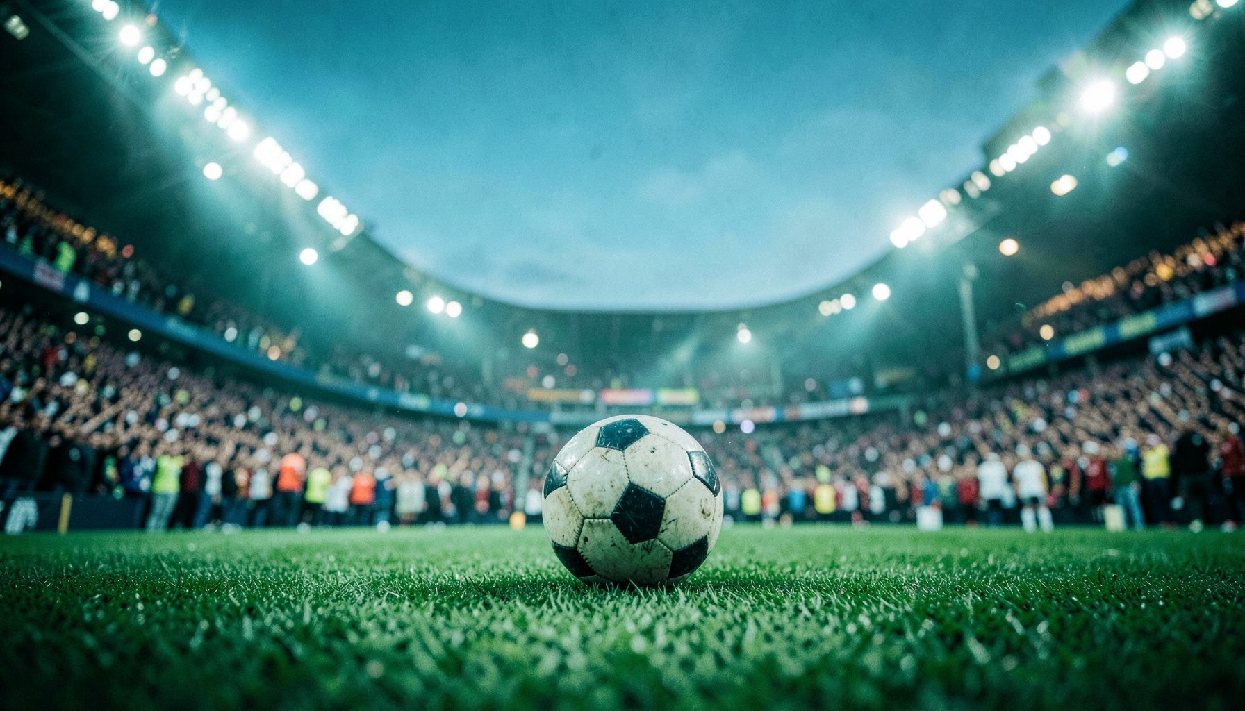 Kalabalık bir stadyumda yeşil çim üzerinde futbol topu, mavi gökyüzü ve projektör ışıkları, canlı ve enerjik atmosfer