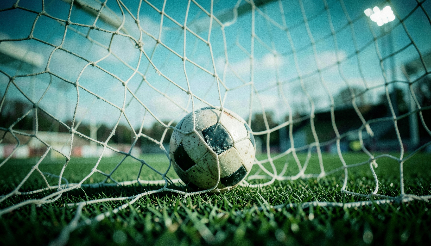 Futbol topu kale ağlarına doğru giderken donmuş bir an, yeşil çim ve mavi gökyüzü kontrastı