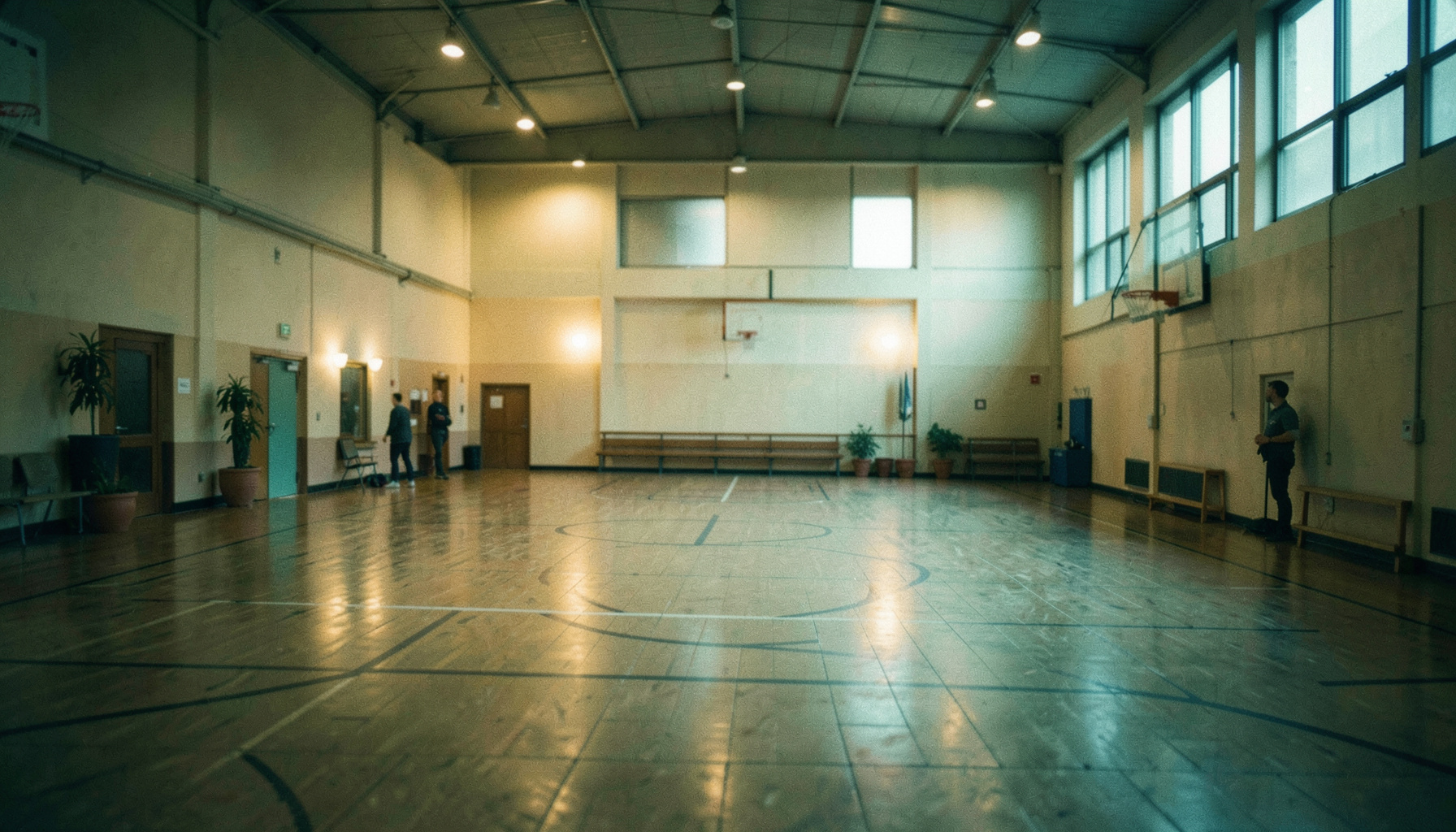 Basketbol sahası geniş açı, parke zemin ve pota, sıcak salon aydınlatması