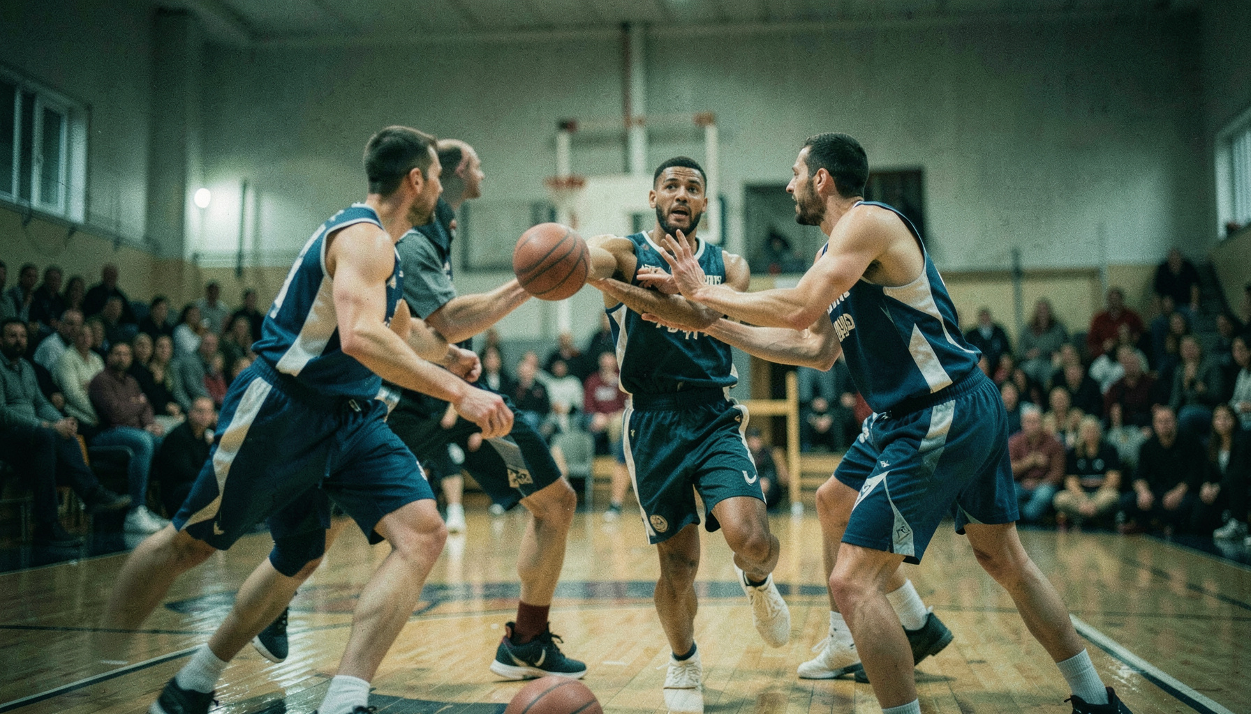 Basketbol maçından bir kare, oyuncular pota altında mücadele ediyor, sıcak salon ışıkları